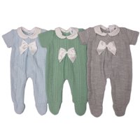 MC767-Grey: Baby Short Sleeve Knitted All In One With Bow (0-9 Months)